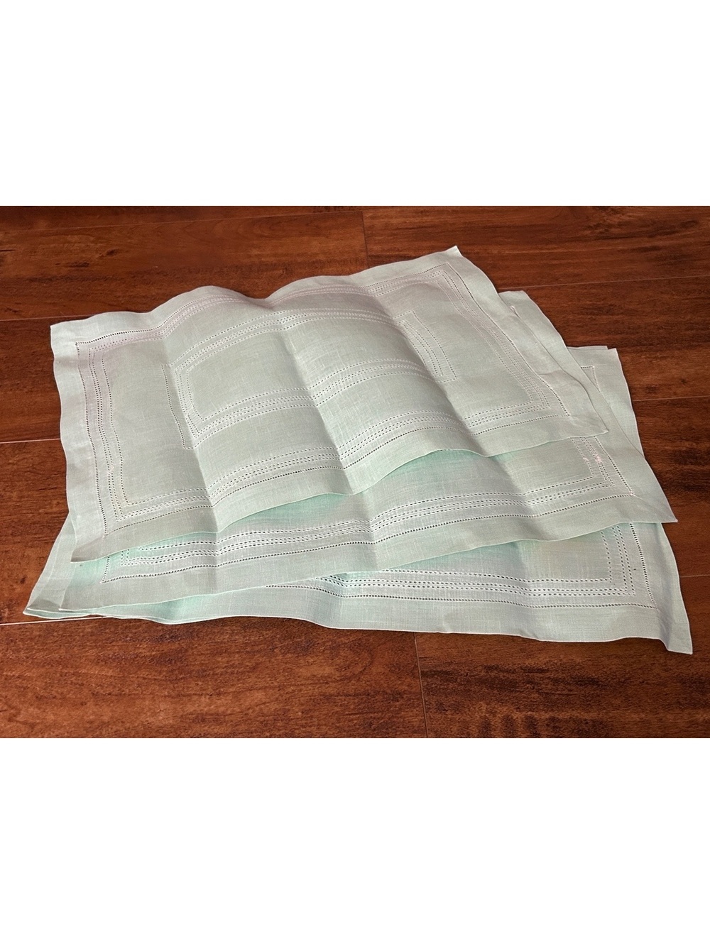 Set of 3 Vintage Light Green Linen Placemats with Decorative Stitching